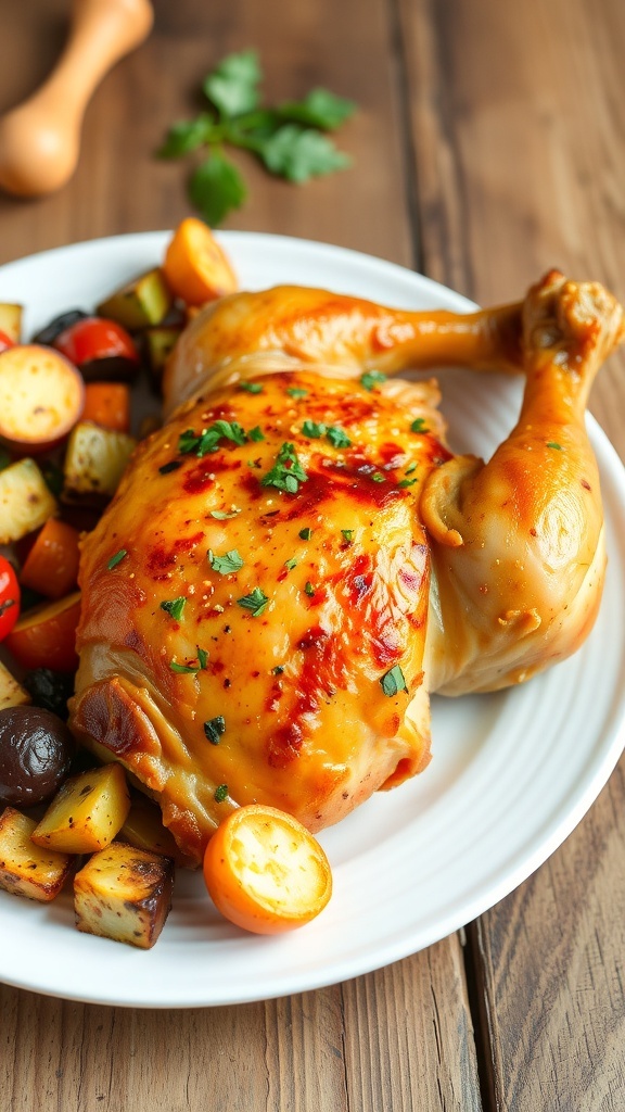 Crispy Air Fryer Chicken Quarters Recipe Crispy air fryer chicken quarter on a plate with roasted vegetables.